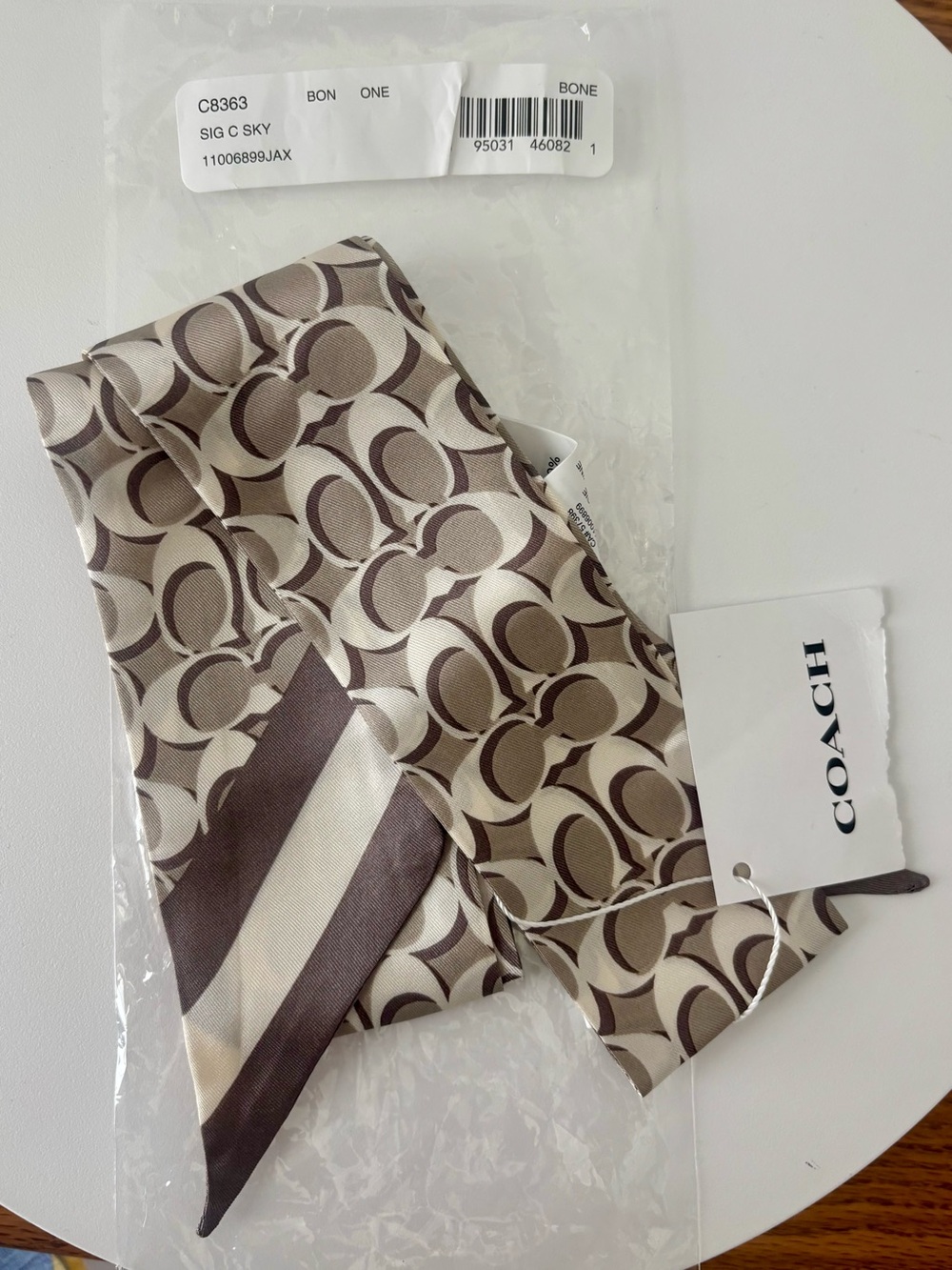 Coach NWT Signature “C” Silk Skinny Scarf, Bone/Ivory, Brand New in Bag
